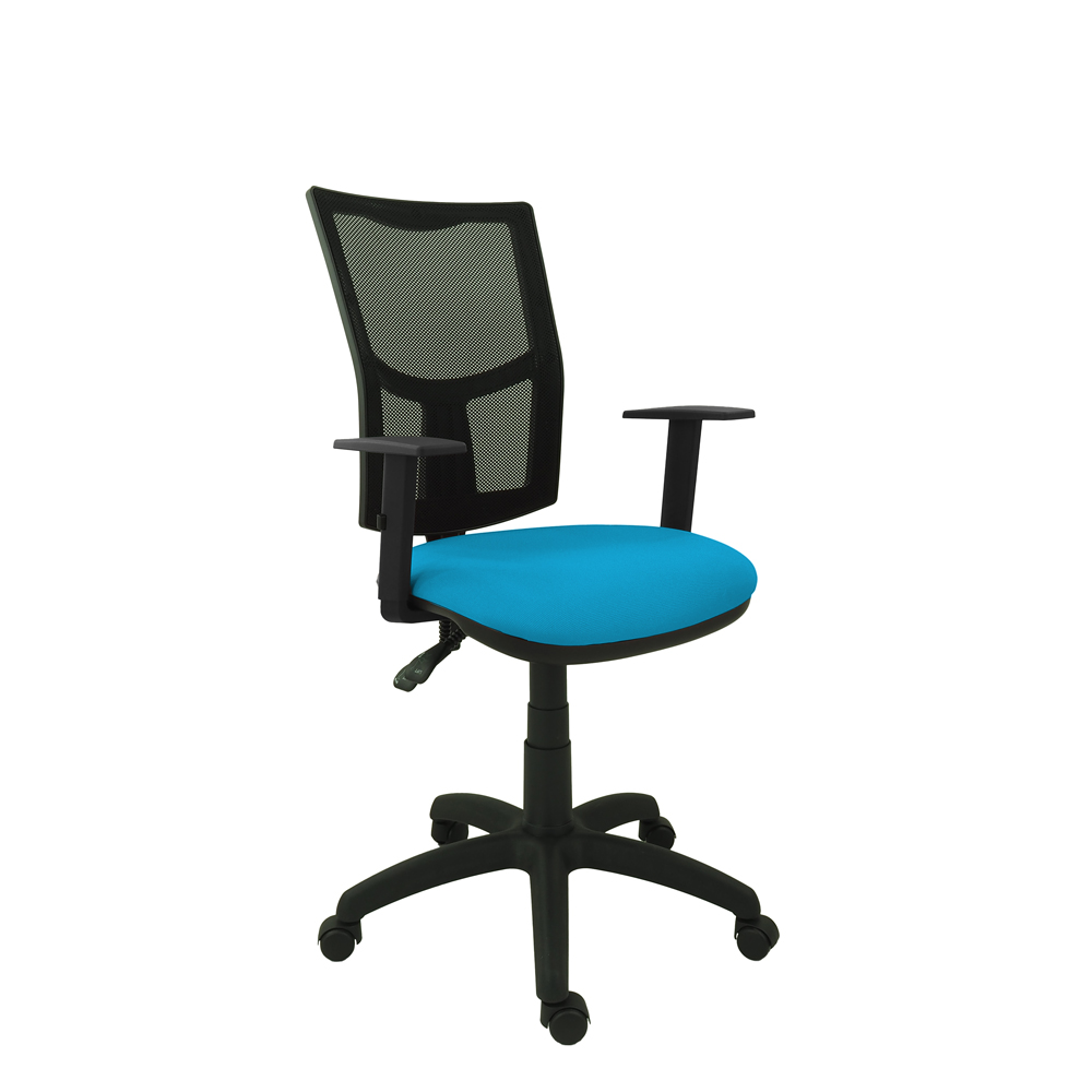 krzeslo fotel obrotowe ventage notice jasnoniebieski oparcie siatkowe podstawa czarna podlokietniki regulowane