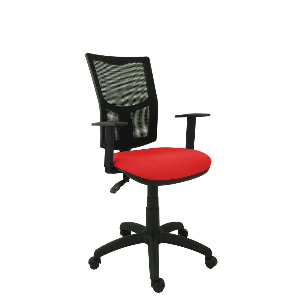 krzeslo fotel obrotowe ventage tkanina czerwona oparcie siatkowe podstawa czarna podlokietniki regulowane